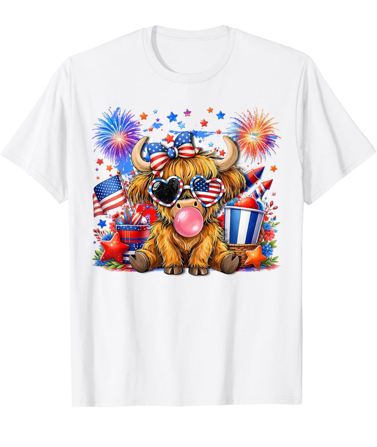 Patriotic Bubblegum Highland Cow Tee