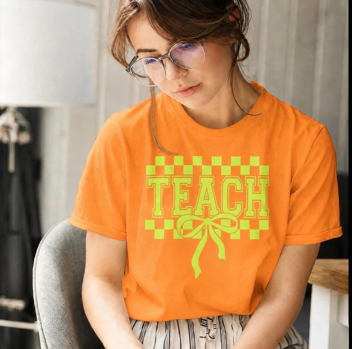 Teach Checkered Bow Tee