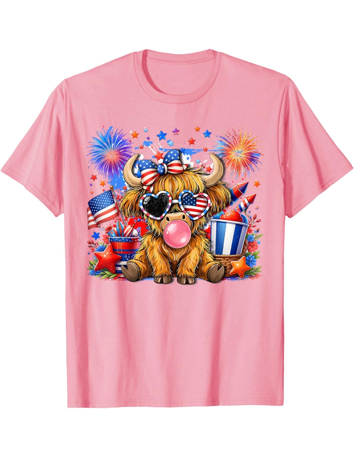 Patriotic Bubblegum Highland Cow Tee