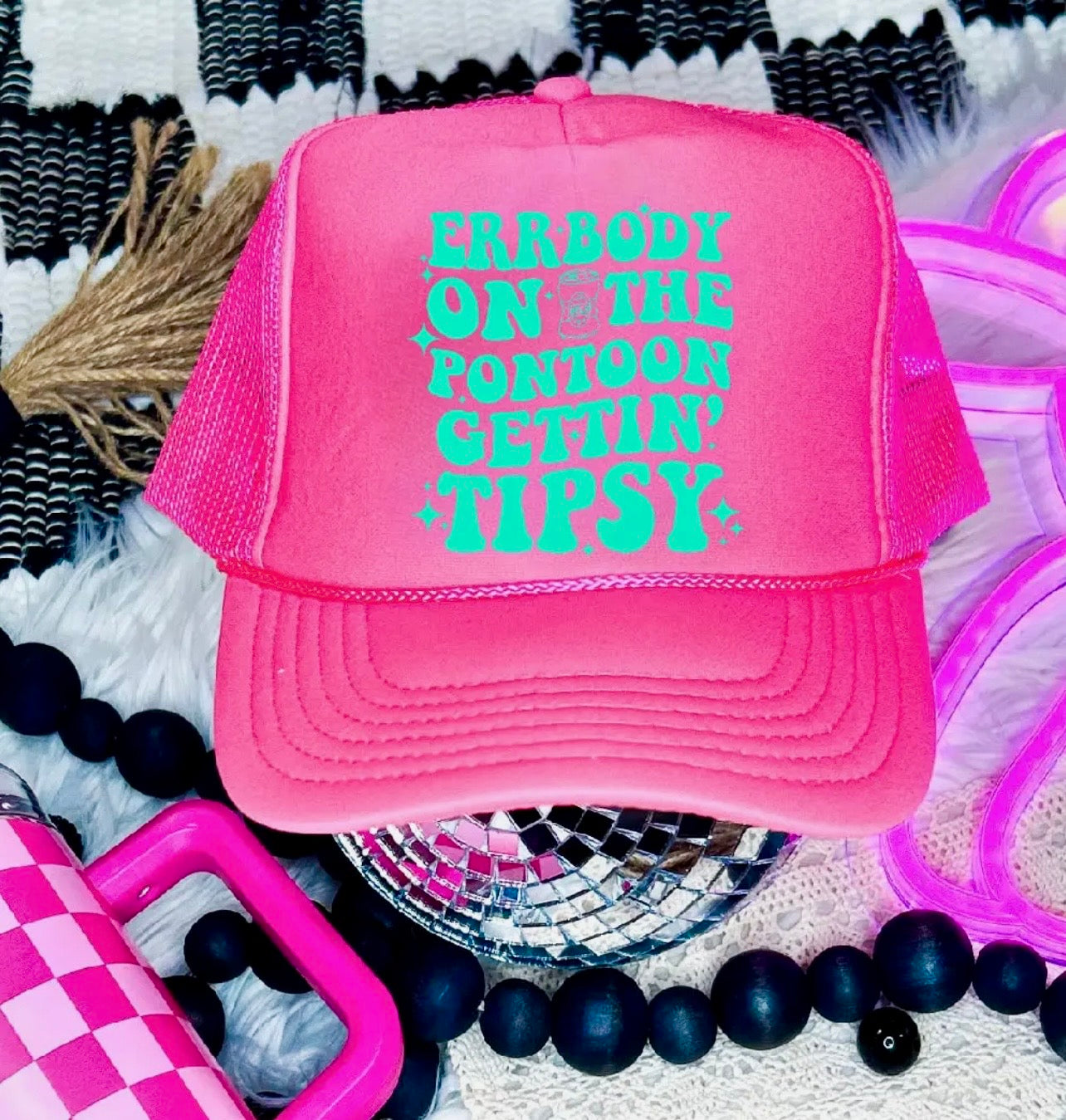 Everybody on the Pontoon Gettin’ Tipsy Trucker Hat – Neon Pink