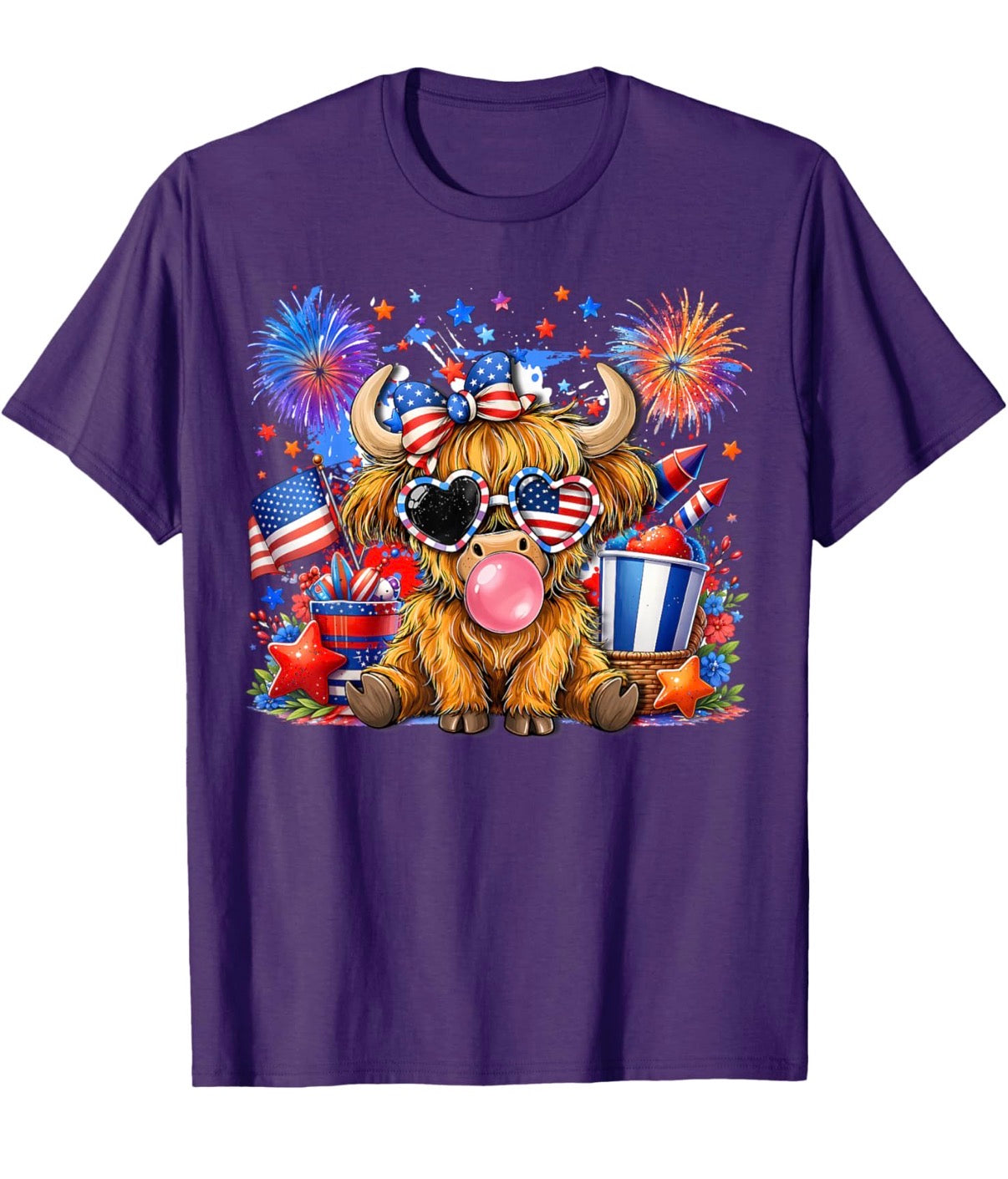 Patriotic Bubblegum Highland Cow Tee