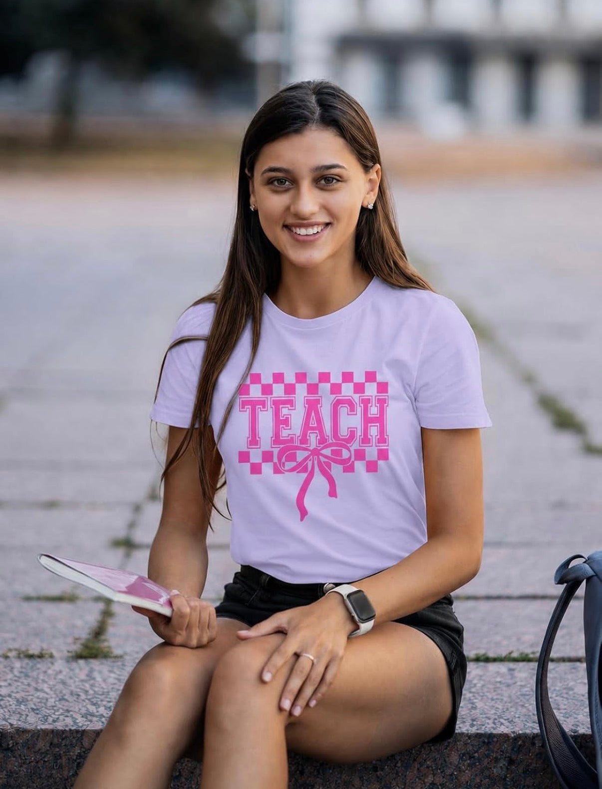 Teach Checkered Bow Tee